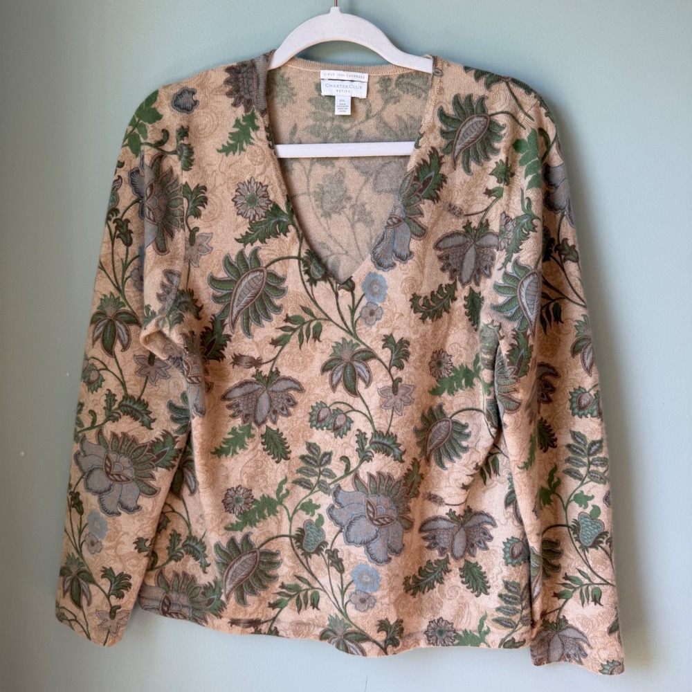Cashmere Sweater 2-Ply Tan Floral Paisley V-Neck Charter Club Petite Large PL